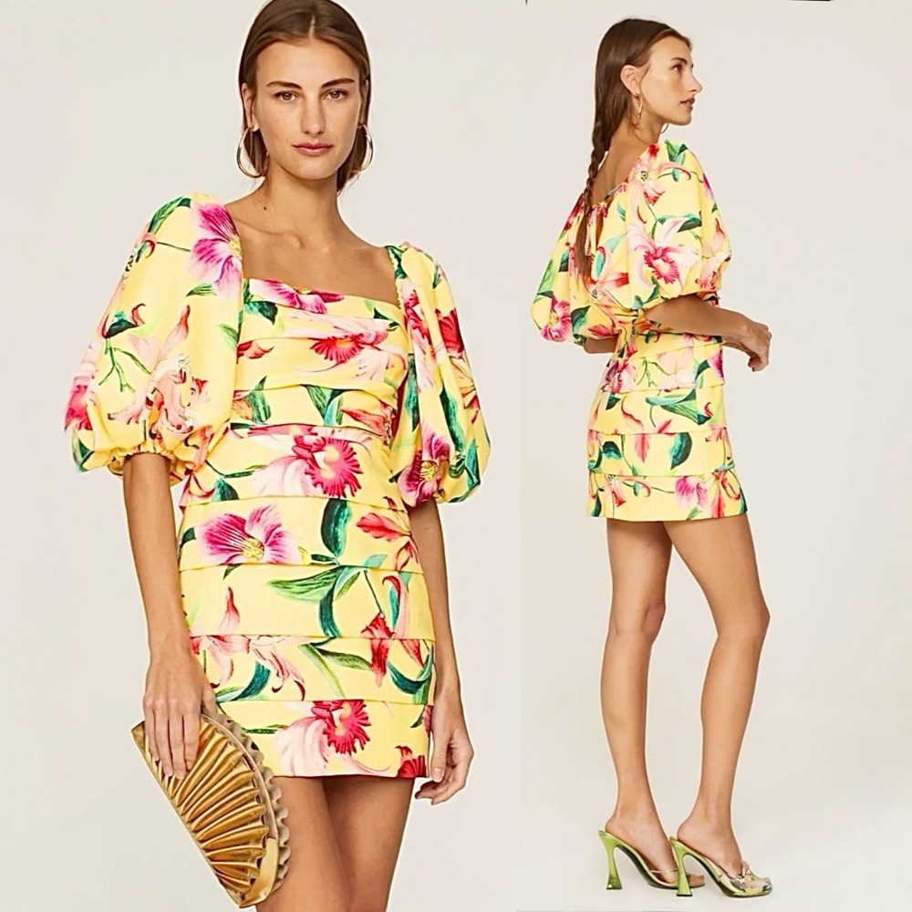 PatBO Laelia Balloon Sleeve‎ Mini Dress Size 4 Off Shoulder Woven Floral Print